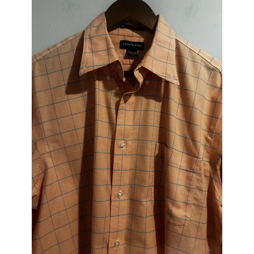 Mens Lands' End No Iron Oxford Short Sleeve Plaid‎ Button Up Shirt Size 16.5